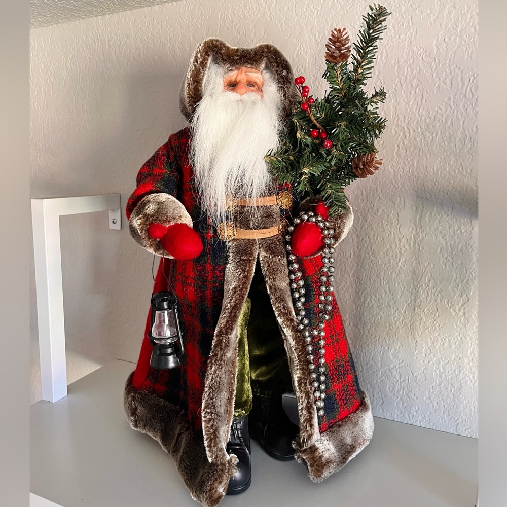 ▪️Martha Stewart Standing Santa Doll Lantern Red Plaid Coat Christmas Decor